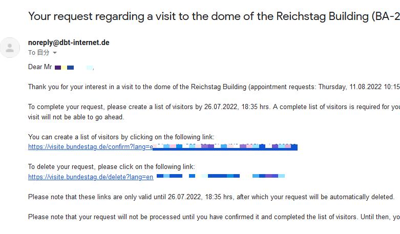 Your request regarding a visit to the dome of the Reichstag Building 